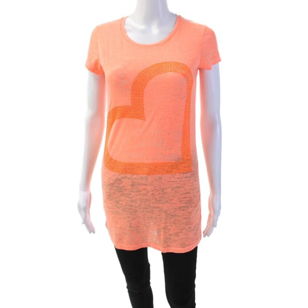 E.vil Womens Beaded Short Sleeves Tee Shirt Neon Orange Cotton Size Medium